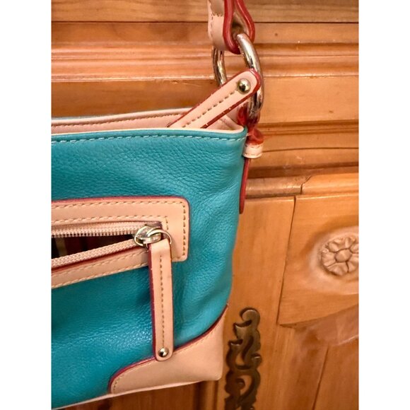 Tignanello Turquoise & Beige Pebbled Leather Convertible Bag w Front Pocket Adj - Picture 10 of 13